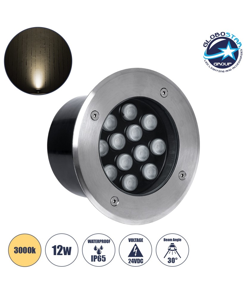 GLOBOSTAR® UNDERGROUND-TINA 90667 Χωνευτό Αρχιτεκτονικο Φωτιστικό Σποτ Δαπέδου LED 12W 1320lm 30° DC 24V Αδιάβροχο IP68 Θερμό Λευκό 2700K Dimmable - Ανοξείδωτο Ατσάλι 304 - Φ16 x Υ9cm - Q14cm - 3 Χρόνια Εγγύηση